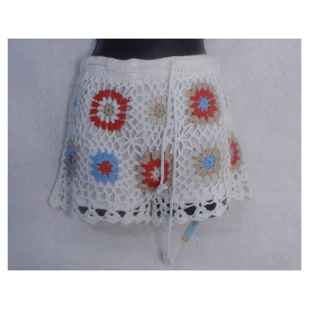 India Boutique Crochet Granny Square Shorts White Boho Festival Drawstring NEW